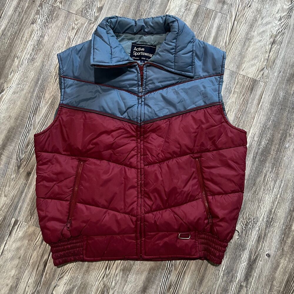 Vintage 80s JCPenney Active Sportswear Puffer Vest Burgundy Gray Korea L
